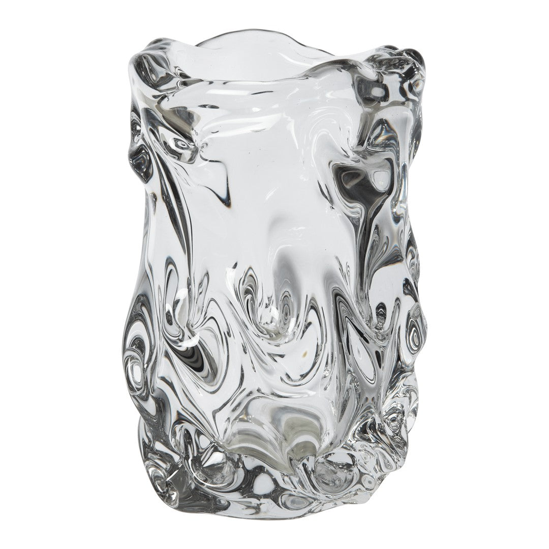 Clear glass vase with swirling patterns and a glossy finish, showcasing reflections and light play.