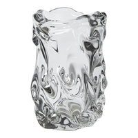 Clear glass vase with swirling patterns and a glossy finish, showcasing reflections and light play.