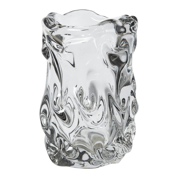 Clear glass vase with swirling patterns and a glossy finish, showcasing reflections and light play.