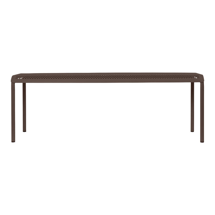 Brown metal outdoor table with a perforated top, featuring a sleek, modern design and clean lines.
