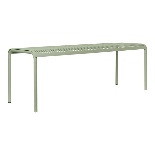 "Light green outdoor bench with perforated pattern and sleek design, perfect for modern patio decor."