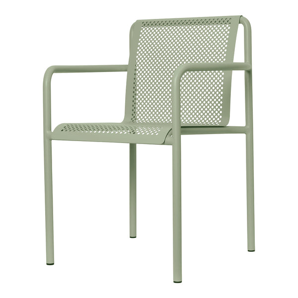 Light green perforated metal chair with a sleek design and minimalist aesthetic. Perfect for modern decor.