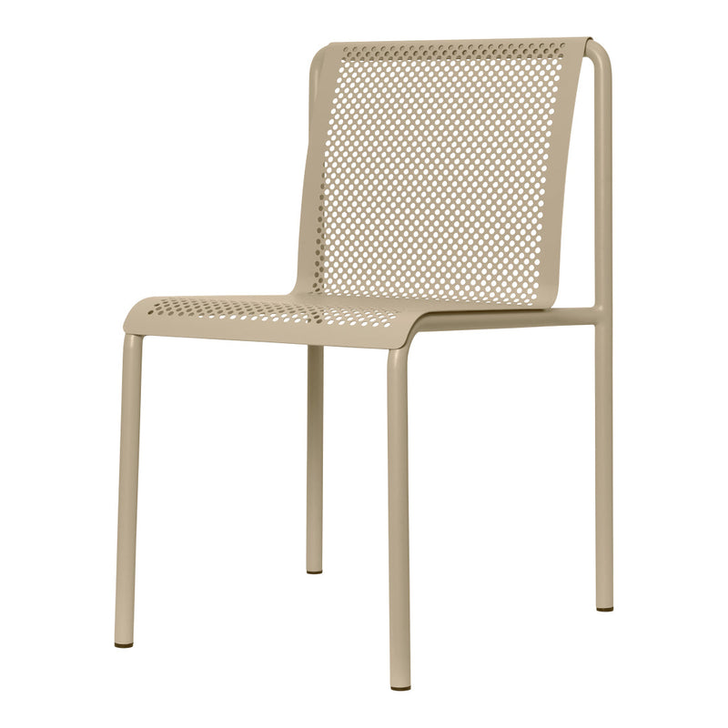 Beige perforated metal chair with sleek design and minimalistic pattern, perfect for modern spaces.