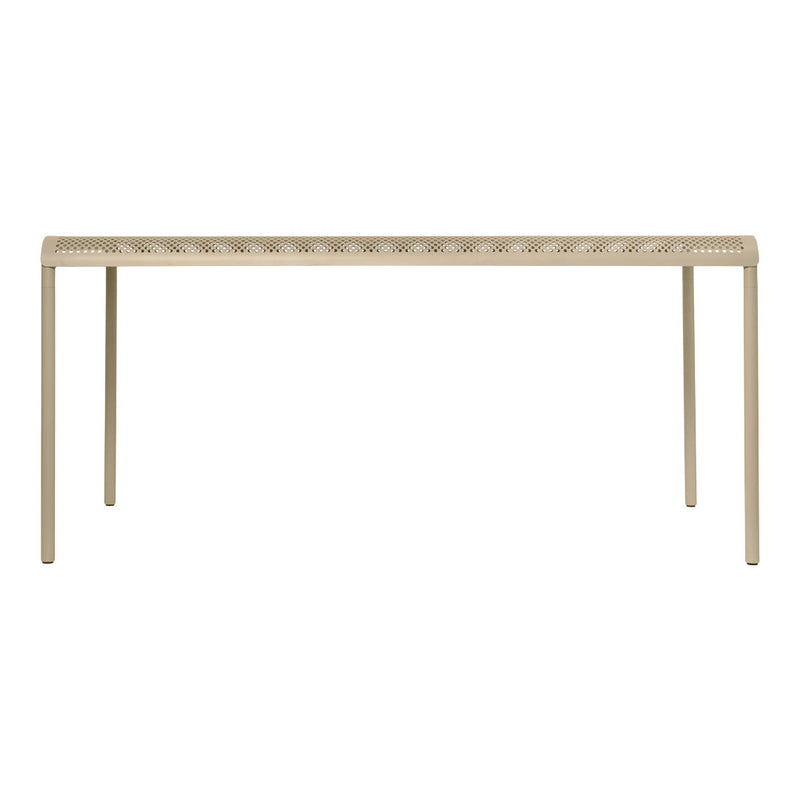 Beige metal table with a perforated pattern, featuring a sleek, modern design ideal for outdoor or indoor settings.