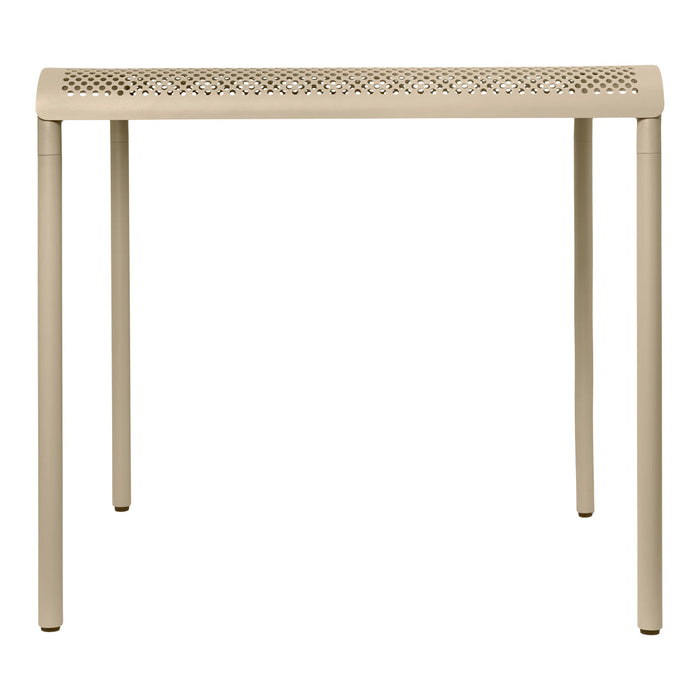 Beige metal table with a perforated top and sleek minimalist design, perfect for modern decor.