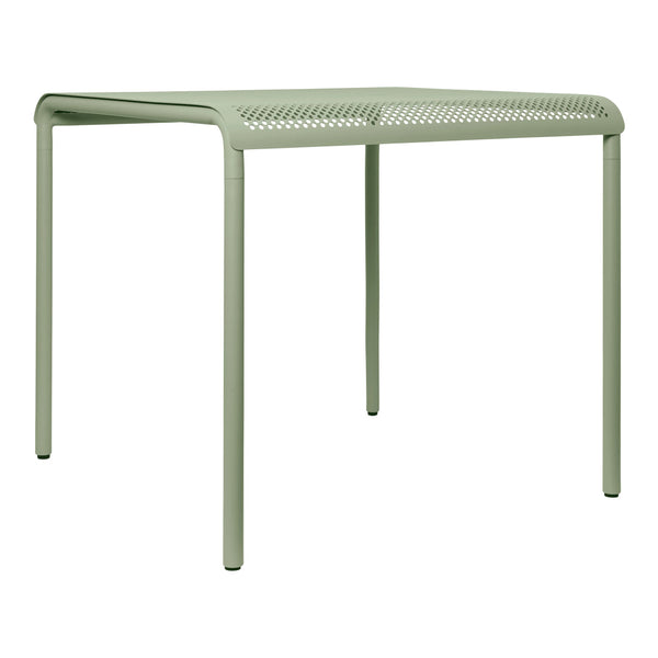 Mint green metal table with a sleek design and perforated pattern, perfect for modern outdoor decor.