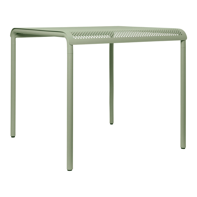 Mint green metal table with a sleek design and perforated pattern, perfect for modern outdoor decor.