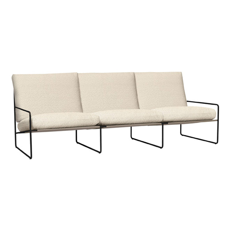 Cream-colored upholstered sofa with a textured finish, featuring sleek black metal legs. Modern and stylish design.