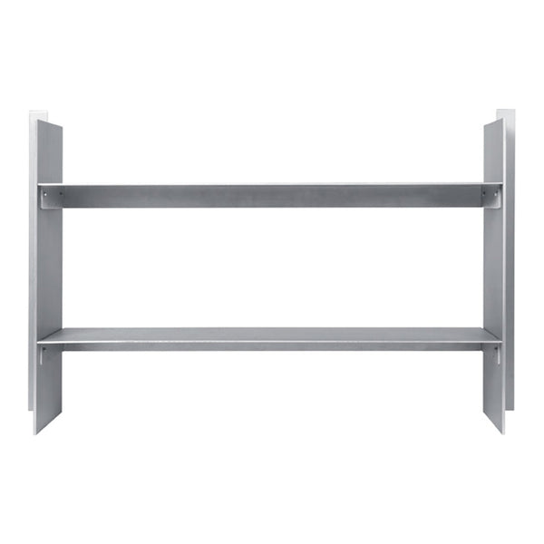 Sleek silver metal shelving unit with a minimalist design, featuring smooth surfaces and clean lines.
