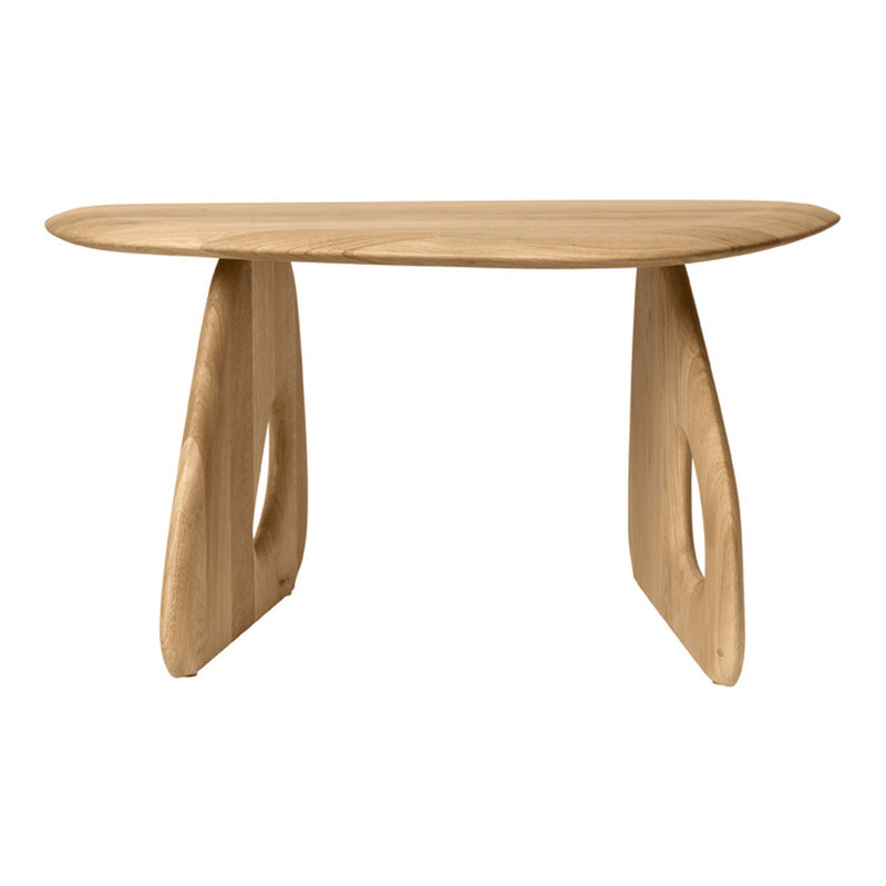 Natural wood table with a light oak finish and smooth, curved edges, featuring unique cut-out patterns on the legs.