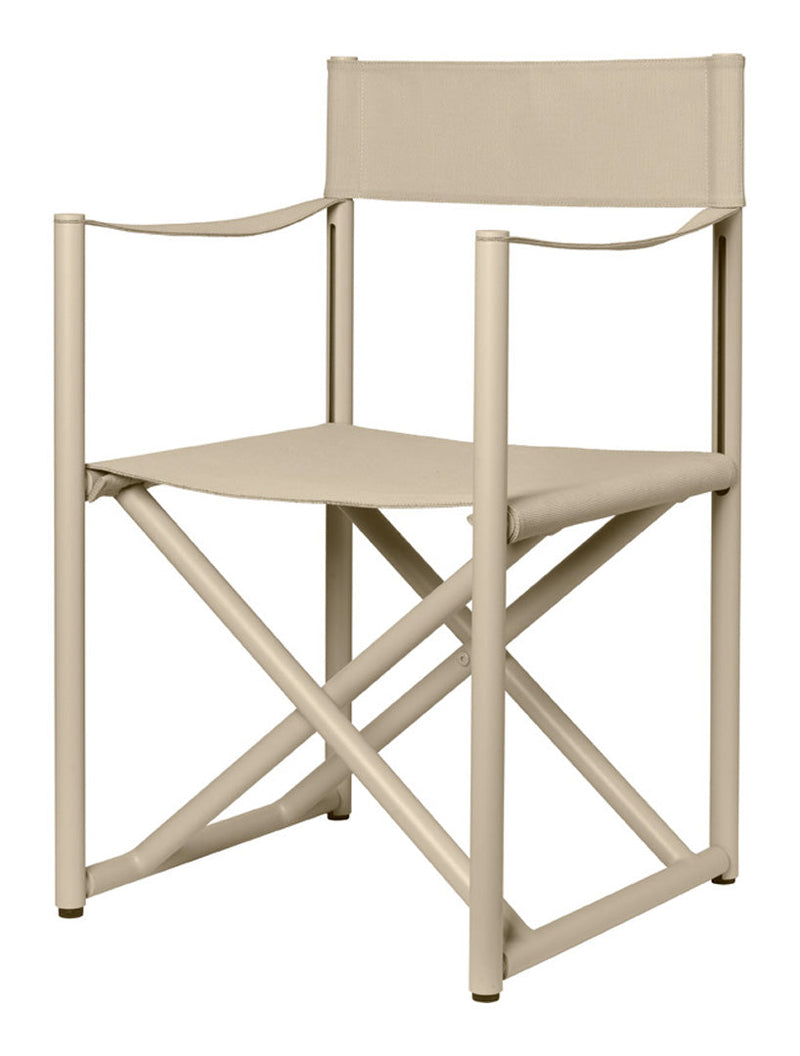 Beige folding chair with a simple, minimalistic design and a cream-colored canvas seat and backrest.