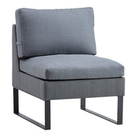 Gray upholstered chair with a minimalist design and solid black metal legs. Perfect for modern decor.