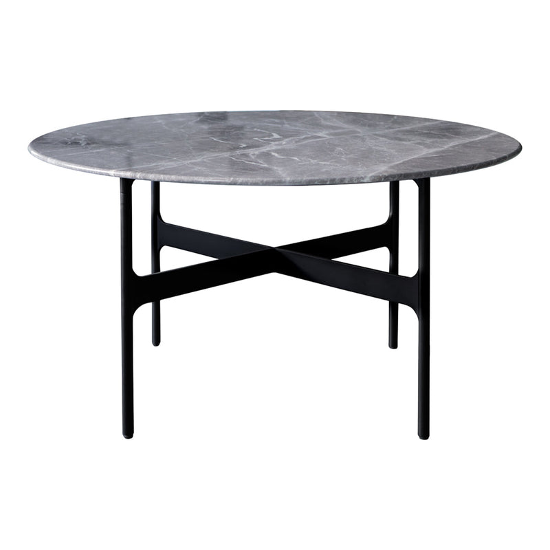 Round gray marble table with a black metal base, featuring a sleek, modern design and subtle veining patterns.