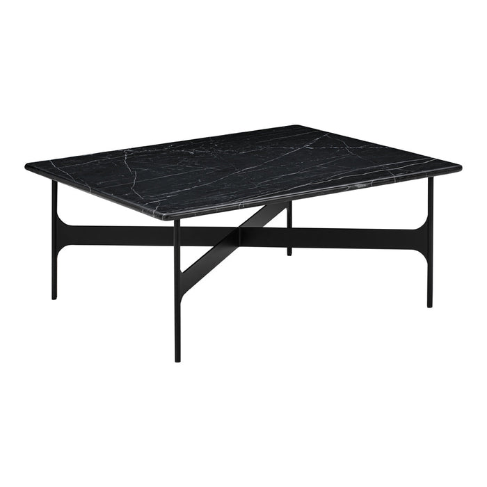 Black marble coffee table with white veining and sleek black metal legs, perfect for modern decor.