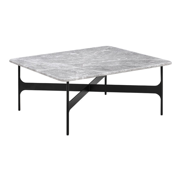 Gray marble tabletop with a subtle veining pattern, supported by a sleek black metal frame. Ideal for modern decor.
