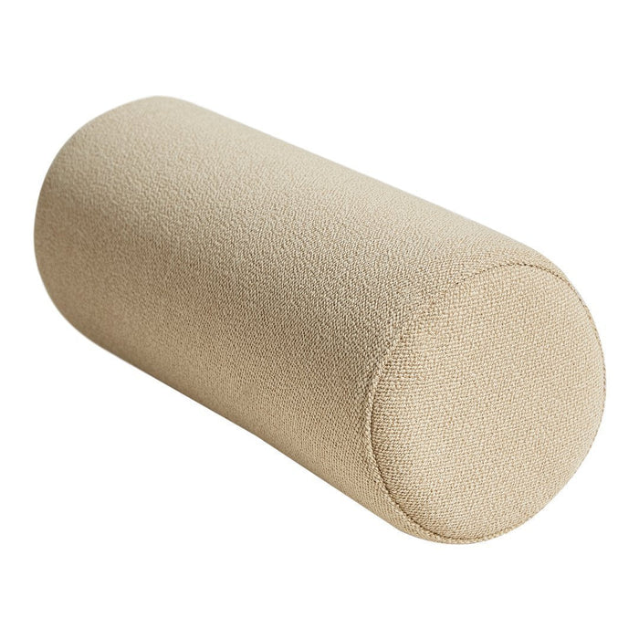 Neutral beige cylindrical bolster pillow with a smooth, textured fabric surface. Perfect for versatile home decor.