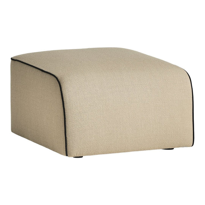 Beige ottoman with a textured fabric and contrasting black trim, featuring clean lines and minimalist design.