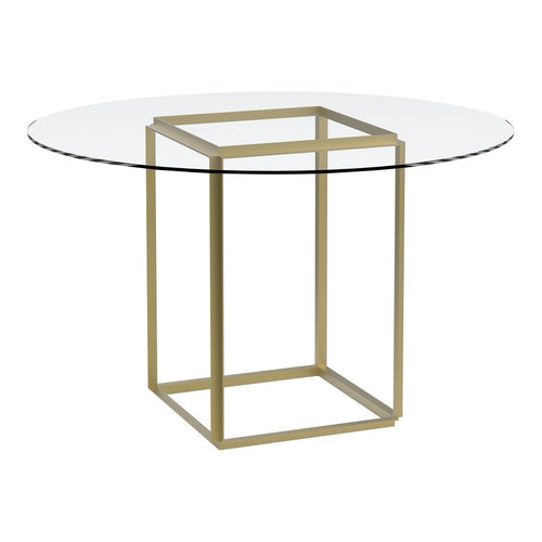Round glass table with a sleek, gold geometric base, featuring a minimalistic and modern design. Ideal for contemporary decor.