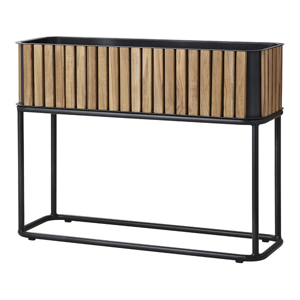 Wooden slat planter box in natural wood tones with a sleek black metal frame, creating a modern, stylish contrast.