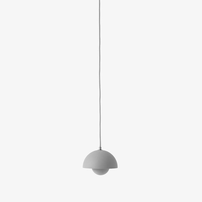 Gray hanging pendant light with a smooth, curved design and a matte finish for modern decor.