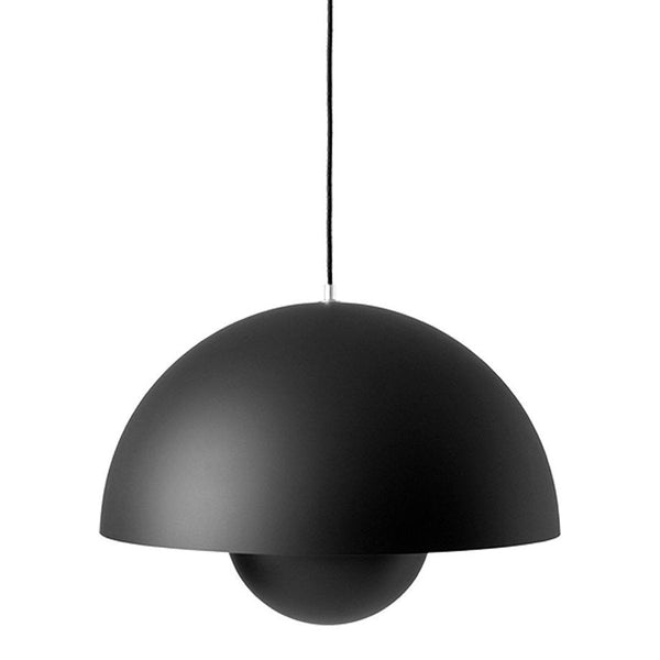 Sleek black pendant lamp with a smooth, curved dome shape and a minimalist design. Ideal for modern decor.
