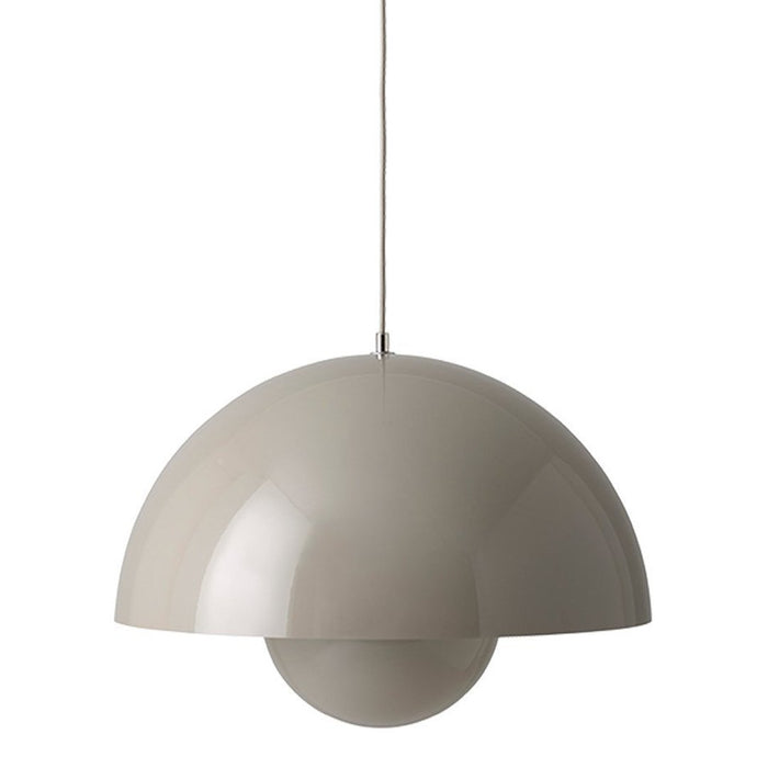 "Stylish gray pendant lamp with a modern dome shape and smooth, glossy finish."