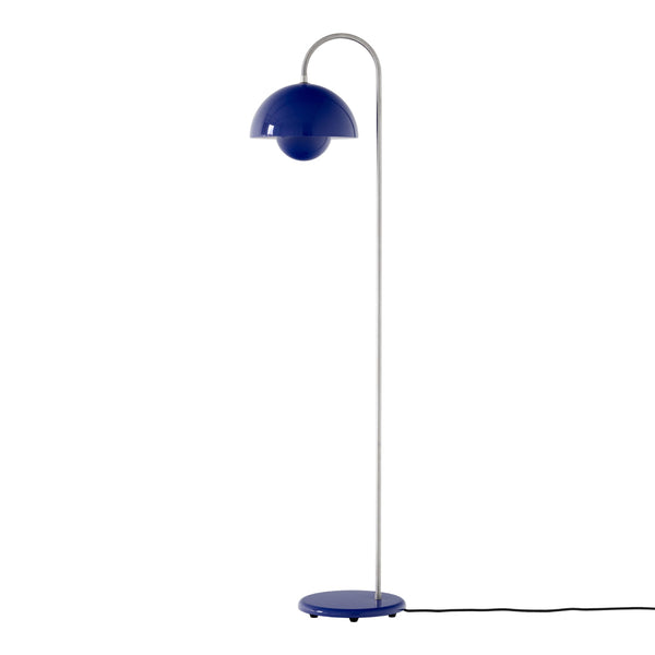 "Modern floor lamp with a sleek silver stem and vibrant blue dome shade, perfect for adding color to any space."
