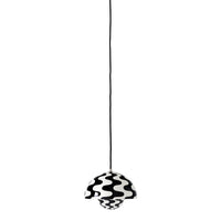Black and white wavy patterned pendant light, suspended with a black cord.