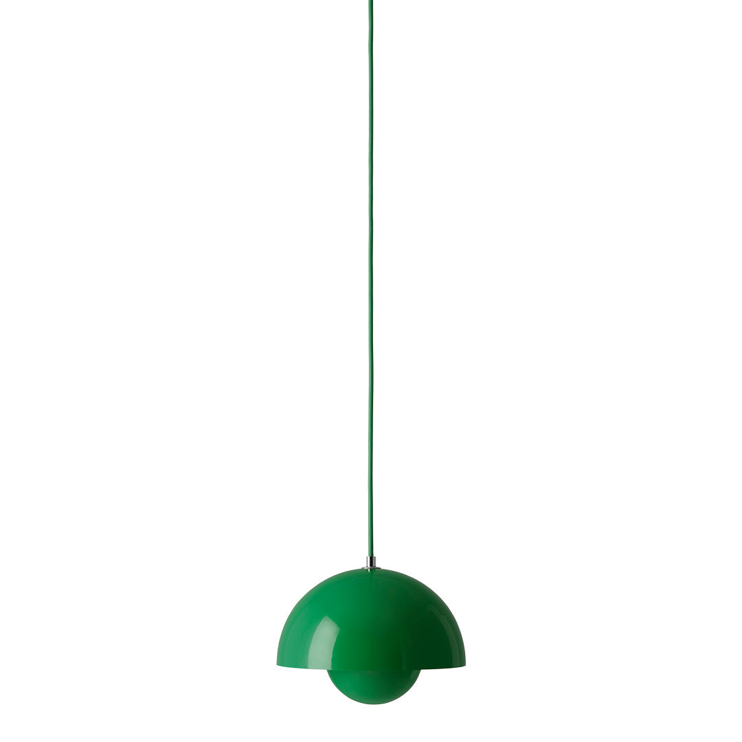 Green pendant lamp with a sleek, modern design and a half-moon shape, featuring a vibrant gloss finish.