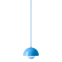 Bright blue pendant lamp with a sleek dome shape and smooth finish, suspended by a matching cord.