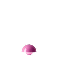 Bright pink pendant lamp with a glossy finish and a modern, semi-spherical design, adding a pop of color to any space.