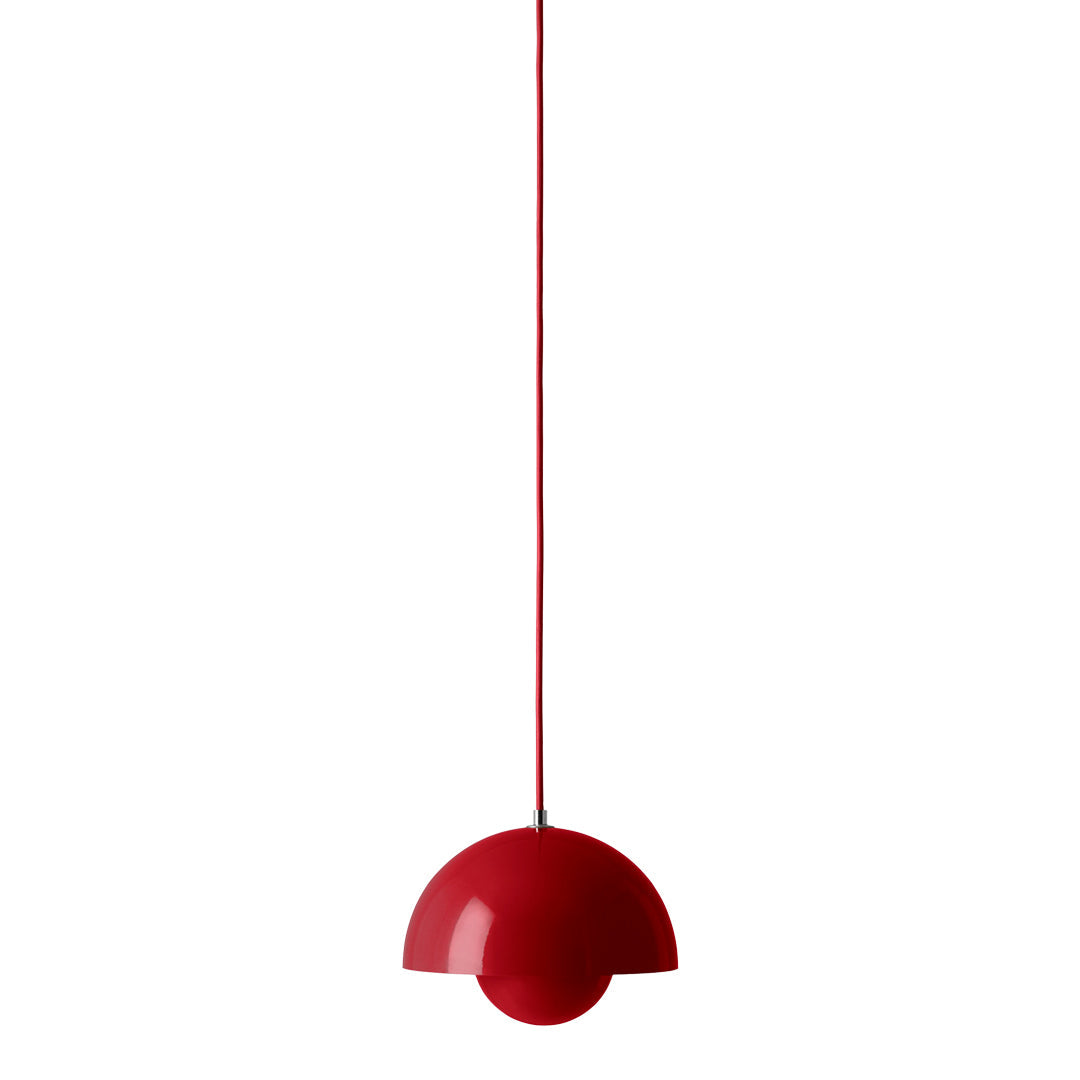 Red pendant lamp with a sleek, modern half-circle design, perfect for adding a bold pop of color to any space.