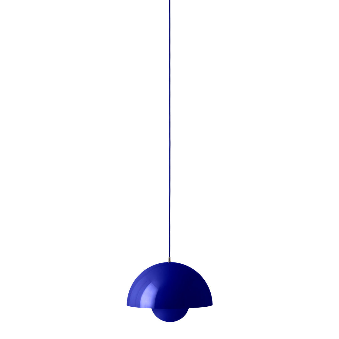 Blue pendant lamp with a sleek, modern half-dome shape and smooth finish, hanging from a thin wire.