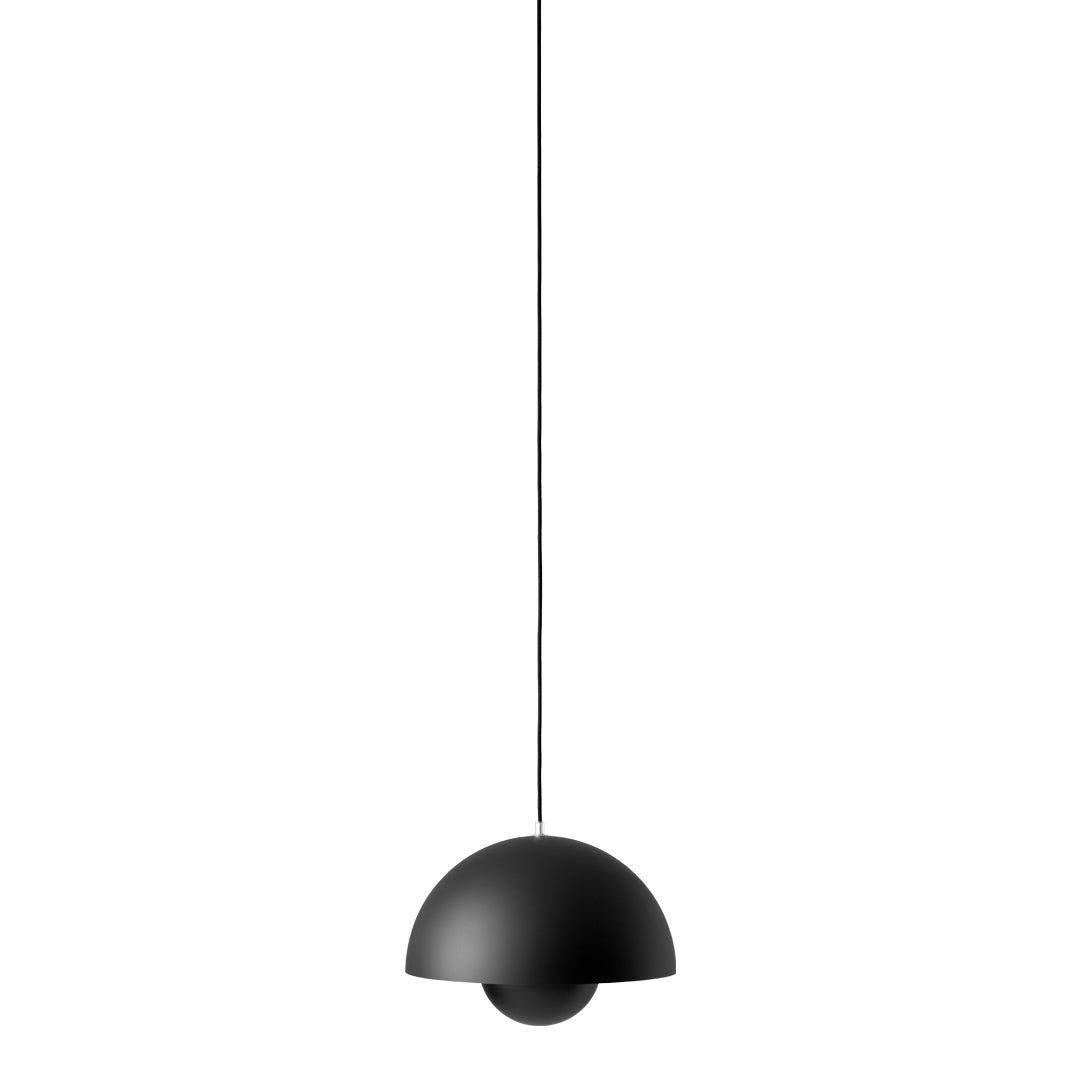 Matte black pendant lamp with a sleek, minimalist design and a half-sphere shape. Ideal for modern interiors.
