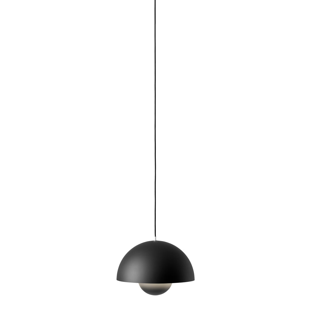 Black modern pendant lamp with a sleek, dome-shaped design, minimalistic style, and smooth matte finish.