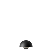 Black modern pendant lamp with a sleek, dome-shaped design, minimalistic style, and smooth matte finish.