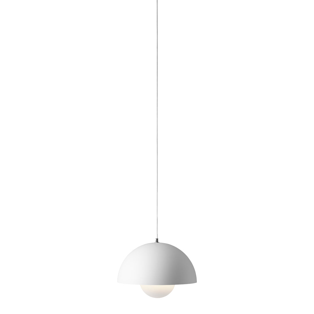 Minimalist white pendant lamp with a smooth dome shape and soft, glowing bulb. Perfect for modern decor.