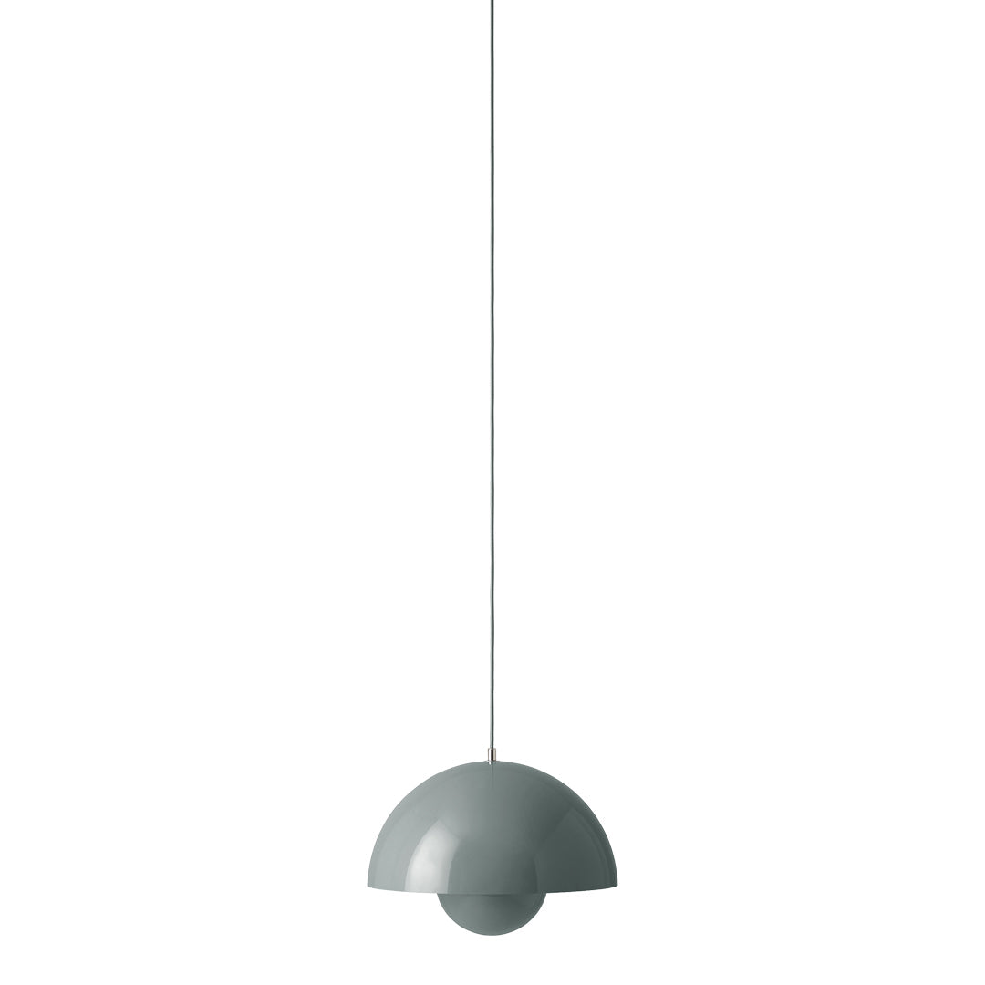 Modern pendant light in soft gray with a rounded, minimalist design. Perfect for contemporary decor.