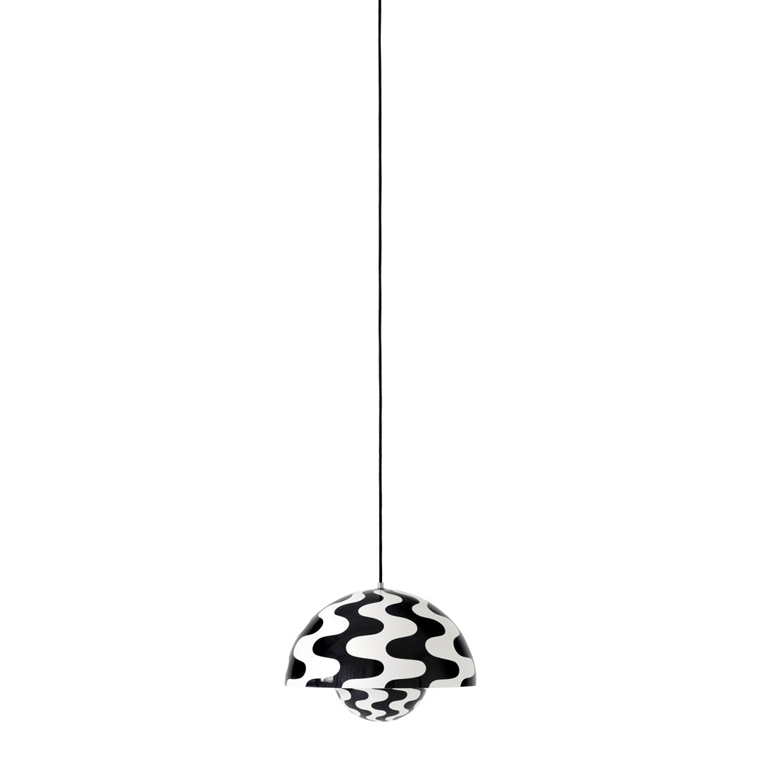 Black and white pendant lamp featuring wavy, abstract patterns for a stylish touch in any space.