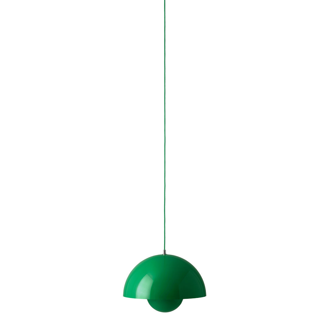 Green hanging lamp with a smooth, curved design and glossy finish, adding a pop of color to any space.