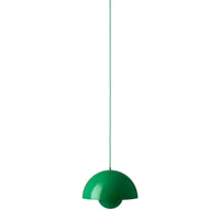 Green hanging lamp with a smooth, curved design and glossy finish, adding a pop of color to any space.