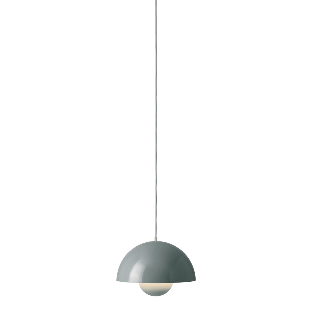 Modern pendant lamp with a sleek gray dome and a soft white globe below, perfect for contemporary decor.