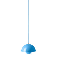 Bright blue pendant light with a smooth, semi-circular design. Perfect for modern and minimalist decor.