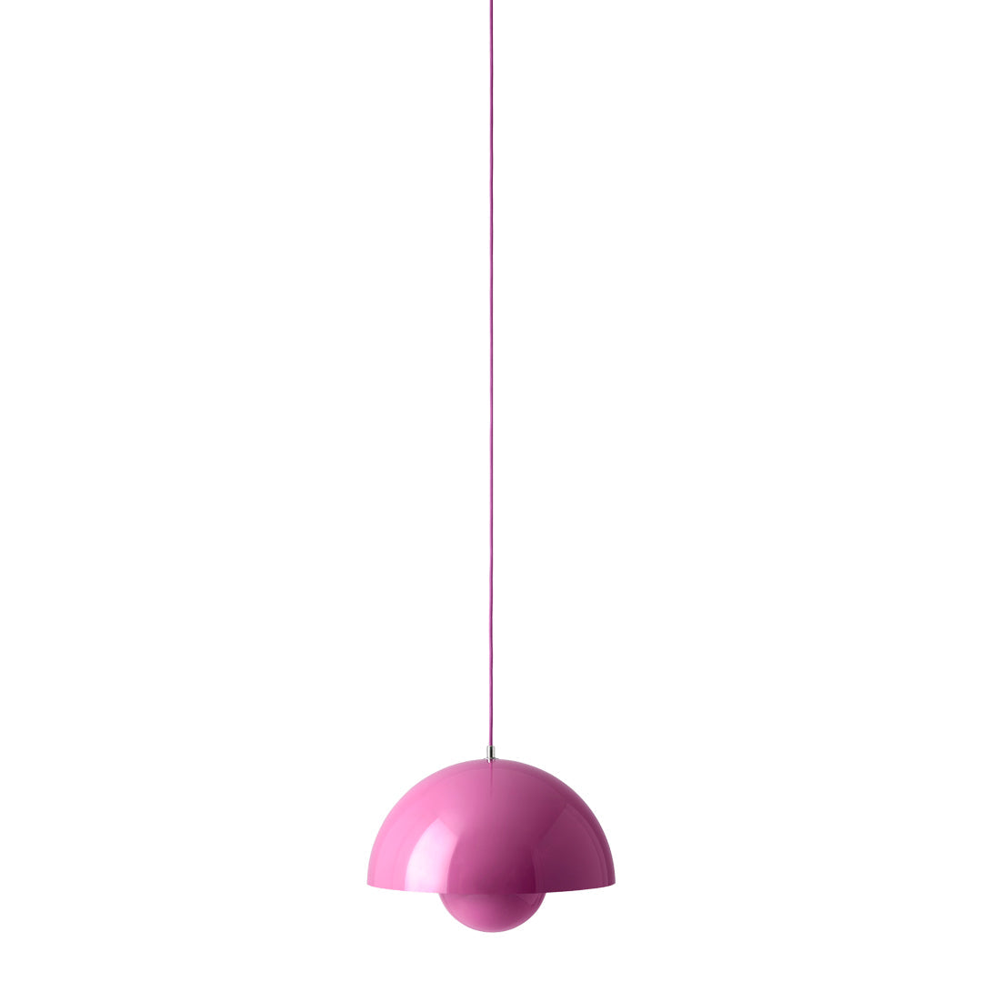Glossy pink pendant light with a minimalist dome shape, perfect for adding a pop of color to any space.