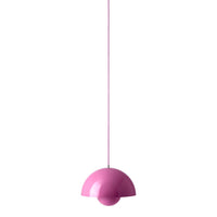 Glossy pink pendant light with a minimalist dome shape, perfect for adding a pop of color to any space.