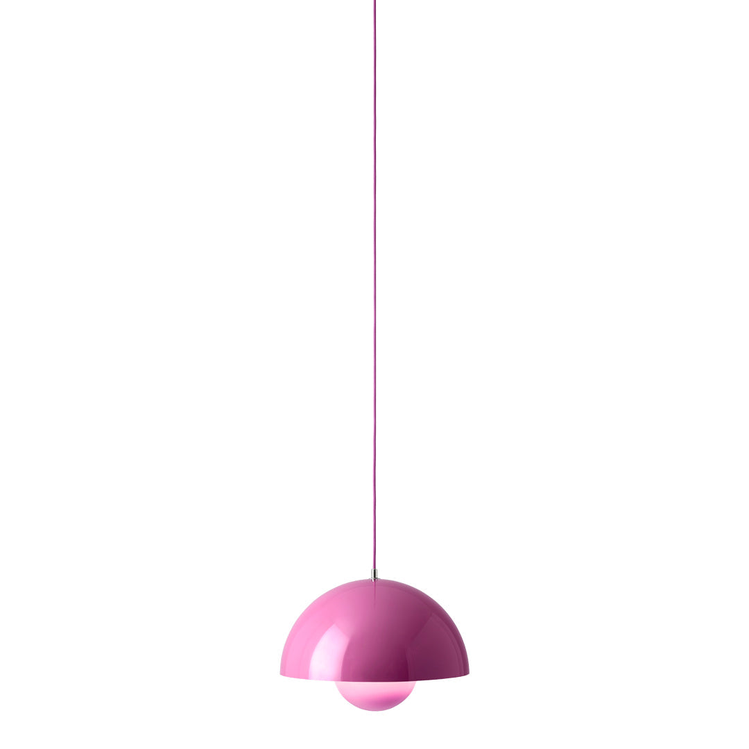 Glossy pink pendant lamp with a half-moon shape, featuring a sleek modern design and a soft, inviting hue.