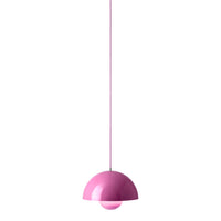 Glossy pink pendant lamp with a half-moon shape, featuring a sleek modern design and a soft, inviting hue.