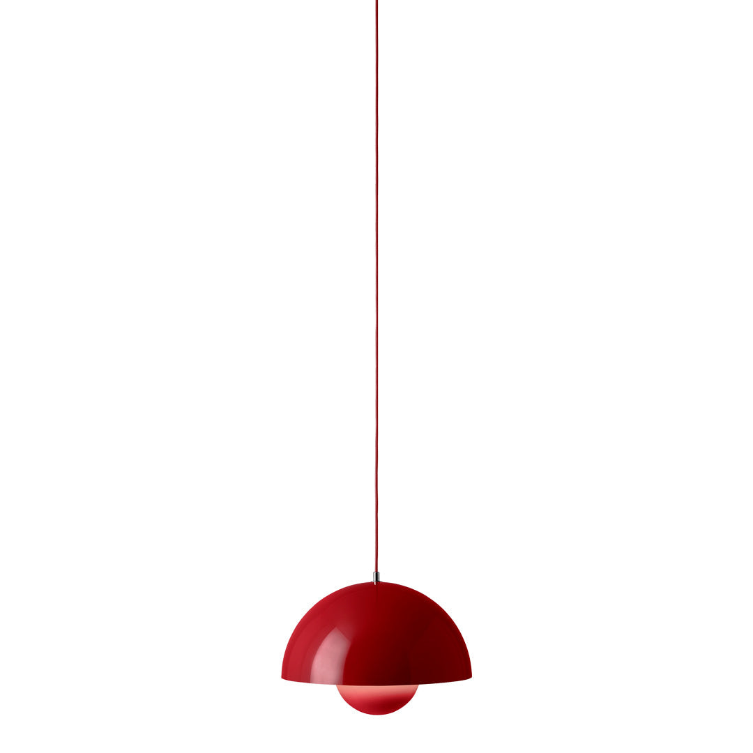 Red pendant lamp with a sleek, modern design featuring a glossy finish and a half-sphere shape.