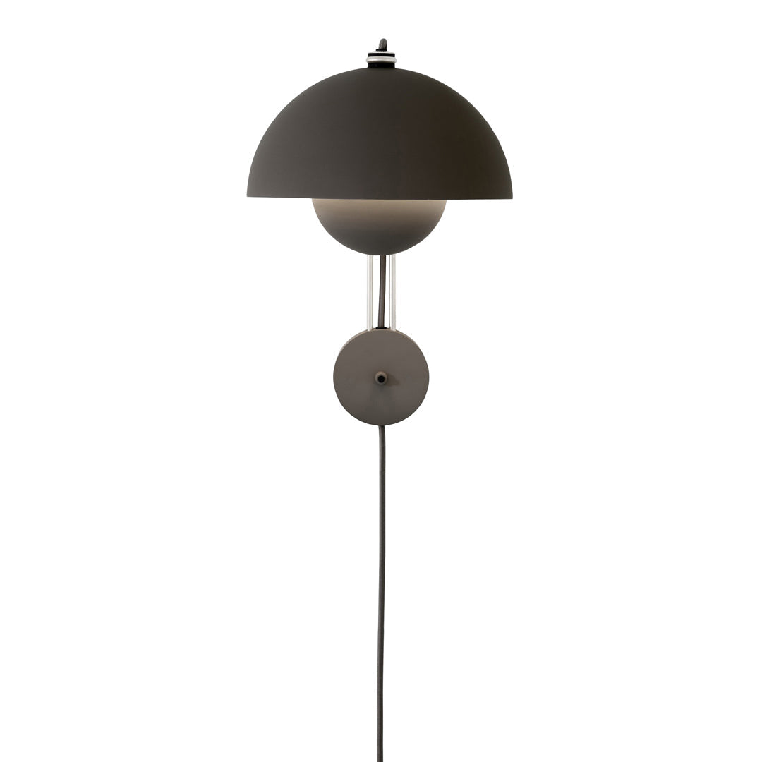 Matte black wall lamp with a sleek, modern design featuring a half-dome shade and circular accent.