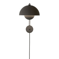 Matte black wall lamp with a sleek, modern design featuring a half-dome shade and circular accent.